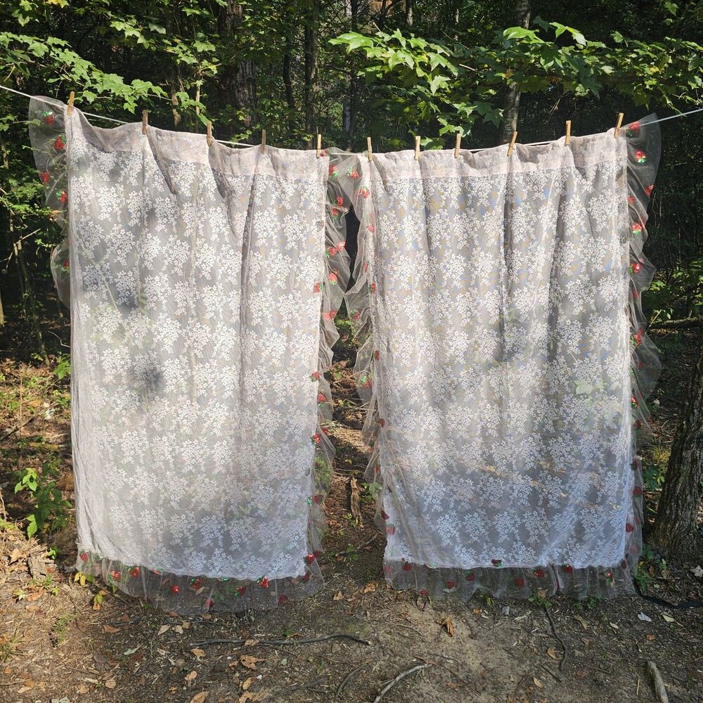 Sweet Strawberry Sequin Lace Curtains Cottagecore Floral Ruffled Tulle 58" Long
